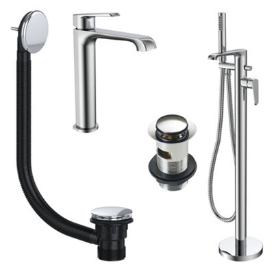 FNX Bathrooms Lunaris Chrome Freestanding Bath Shower Mixer & Tall Basin Tap Set With Matching Wastes For A Coordinated Bathroom Upgrade from B&Q