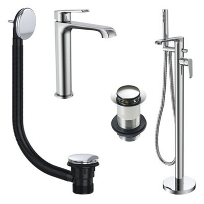 FNX Bathrooms Fnx Lunaris Chrome Freestanding Bath Shower Mixer & Tall Basin Tap Set With Matching Wastes from B&Q