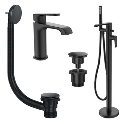 FNX Bathrooms Lunaris Matt Black Modern Freestanding Bath Shower Mixer & Basin Mixer Tap Set With Wastes from B&Q