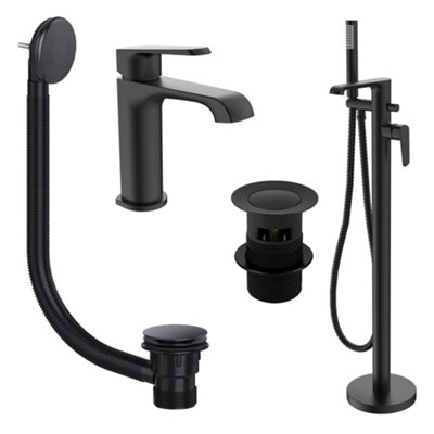 FNX Bathrooms Lunaris Matt Black Freestanding Bath & Mini Basin Tap Set With Wastes from B&Q
