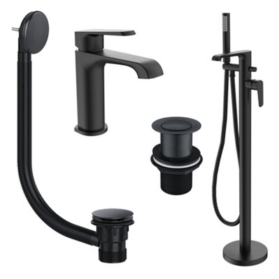 FNX Bathrooms Lunaris Matt Black Freestanding Bath Shower Mixer & Basin Mixer Tap Set With Wastes from B&Q