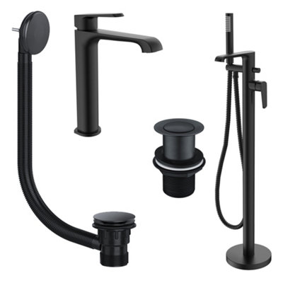 FNX Bathrooms Lunaris Matt Black Bathroom Tap Set: Freestanding Bath Shower Mixer & Tall Basin Mixer With Wastes from B&Q