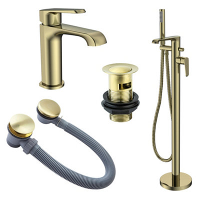 FNX Bathrooms Lunaris Brushed Brass Complete Bathroom Tap Set: Freestanding Bath MixerBasin Tap & Wastes from B&Q