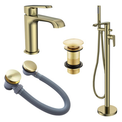 FNX Bathrooms Lunaris Brushed Brass Freestanding Bath & Mono Basin Mixer Tap Set With Wastes from B&Q