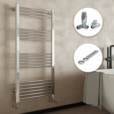 FNX Bathrooms Fnx Chrome 600X1200mm Straight Dual Fuel Heated Towel Rail Radiator With Thermostatic Corner Valves & Pipe Covers from B&Q