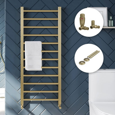 FNX Bathrooms Luxury Brushed Brass Towel Radiator 1200X500mm With Corner Trvs & Pipe Covers For Modern Bathrooms from B&Q