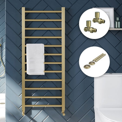 FNX Bathrooms Brushed Brass Heated Towel Rail Radiator 500X1600mm With Manual Valves & Pipe Covers from B&Q