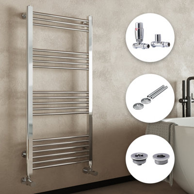 FNX Bathrooms Chrome Bathroom Straight Heated Towel Rail Radiator 500 X 1800 Straight Thermostatic Valves With Pipe Covers & Air Bleed Valve from B&Q