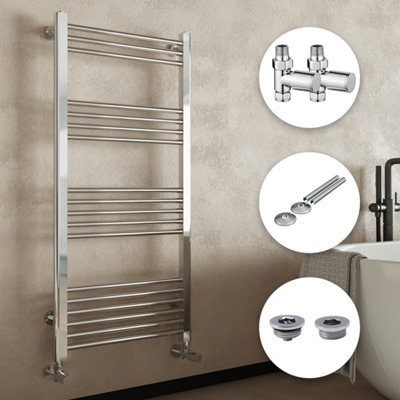 FNX Bathrooms Chrome Bathroom Straight Heated Towel Rail Radiator 600 X 1000 Straight Manual Valves With Pipe Covers & Air Bleed Valve from B&Q