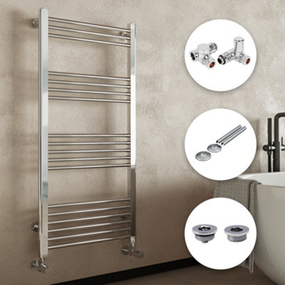 FNX Bathrooms Chrome Bathroom Straight Heated Towel Rail Radiator 400 X 1400 Dual Fuel Manual Corner Valves With Pipe Covers & Air Bleed Valve from B&Q