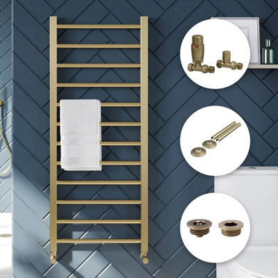 FNX Bathrooms Brushed Brass Straight Heated Towel Rail Radiator 500X1200mm With Thermostatic Valves & Accessories from B&Q