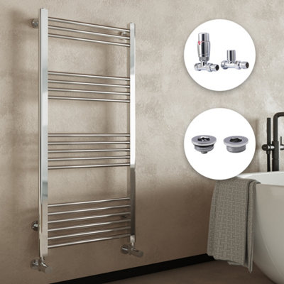 Fnx Bathrooms Chrome Straight Heated Towel Rail Radiator 300X1600mm With Thermostatic Valves & Bleed Cap from B&Q