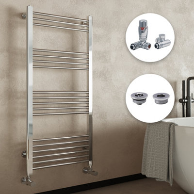 FNX Bathrooms Chrome Straight Heated Towel Radiator 500X1000mm With Dual Fuel Thermostatic Corner Valves & Bleed Cap from B&Q