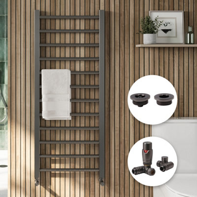 FNX Bathrooms Gunmetal 800X500mm Straight Heated Towel Rail With Dual Fuel Trv Valves & Air Bleed Vent Set from B&Q