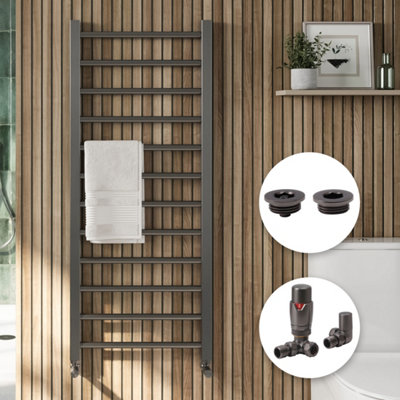 FNX Bathrooms Modern Gunmetal 1200X500mm Heated Towel Rail With Thermostatic Valves from B&Q