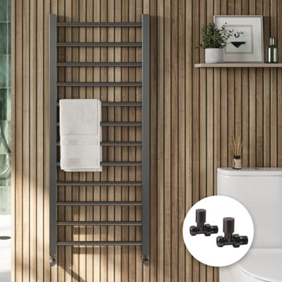 FNX Bathrooms Modern Gunmetal 1600X500mm Heated Towel Rail Radiator With Straight Manual Valves from B&Q