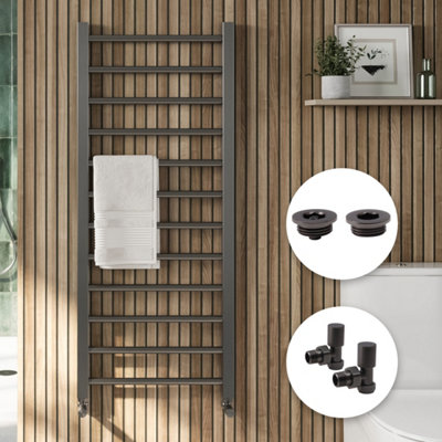 FNX Bathrooms Luxurious Gunmetal Straight Heated Towel Rail Radiator 1600X500mm With Angled Valves & Bleed Vent Set from B&Q