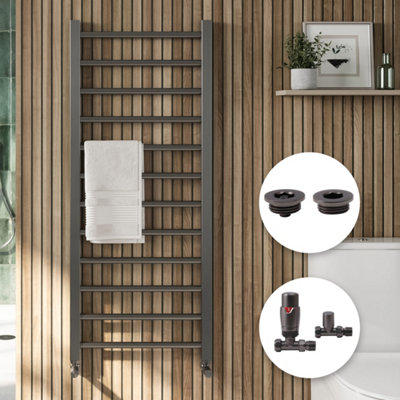 Fnx Bathrooms Vibe Gunmetal Straight Heated Towel Rail Radiator 1600X500mm With Thermostatic Valves & Air Vent Kit from B&Q