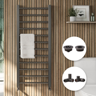 FNX Bathrooms Gunmetal Straight Heated Towel Rail Radiator 1600X500mm With Dual Fuel Manual Corner Valves & Bleed VentBathroom Radiator from B&Q