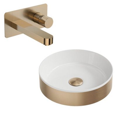 FNX Bathrooms Koko Brushed Brass Fluted Countertop Basin & Wall-Mounted Mixer Tap Set With Waste from B&Q