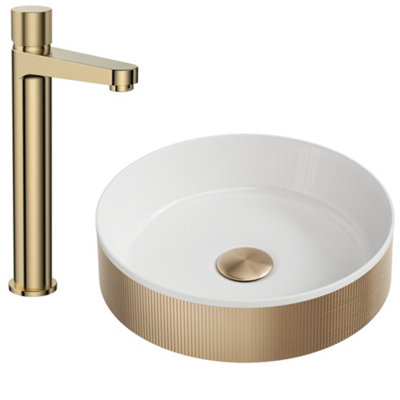 FNX Bathrooms Brushed Brass Fluted Countertop Bathroom Basin & Tall Mixer Tap Set With Matching Waste from B&Q