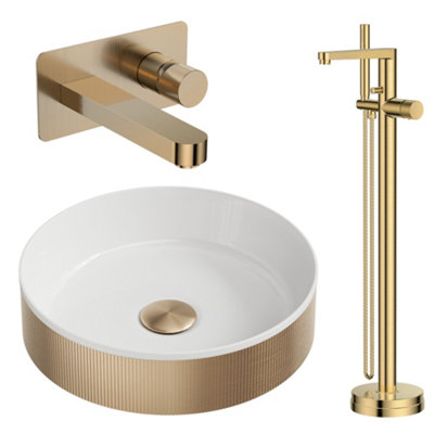 FNX Bathrooms Koko Brushed Brass Fluted Countertop Basin Set With Wall-Mounted Tap & Freestanding Bath Shower Mixer from B&Q