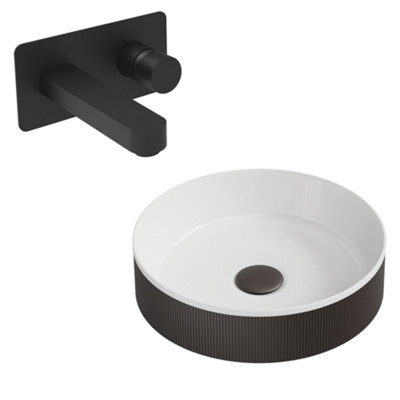 FNX Bathrooms Luxury Matte Black Fluted Countertop Bathroom Basin & Wall-Mounted Mono Mixer Tap Set With Matching Waste from B&Q
