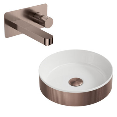 FNX Bathrooms Koko Brushed Bronze Fluted Countertop Bathroom Basin & Wall-Mounted Mixer Tap Set With Matching Waste from B&Q