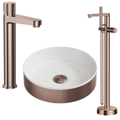 FNX Bathrooms Brushed Bronze Fluted Countertop Bathroom Basin Tall Mono Mixer Tap And Floorstanding Bath Shower Mixer With Matching Basin Waste from B&Q
