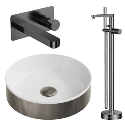 FNX Bathrooms Luxury Gunmetal Fluted Countertop Basin & Wall-Mounted Mixer Tap Set With Matching Waste from B&Q
