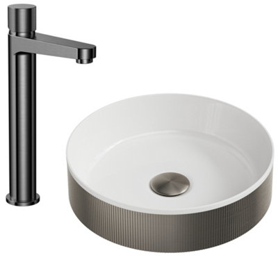 FNX Bathrooms Luxurious Gunmetal Fluted Countertop Basin With Tall Mixer Tap & Matching Click-Clack Waste from B&Q