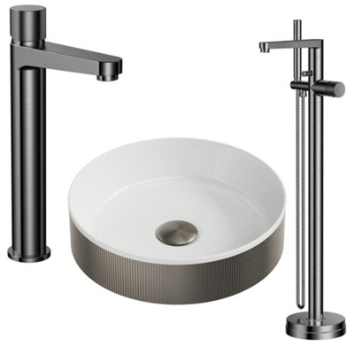 FNX Bathrooms Luxury Gunmetal Fluted Countertop Basin Bathroom Set With Tall Monobloc TapFloorstanding Bath Mixer & Matching Waste from B&Q