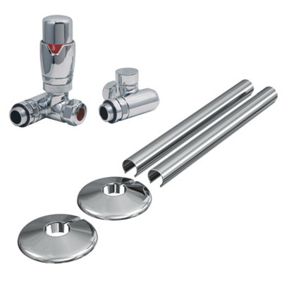 FNX Bathrooms Chrome Dual Fuel Thermostatic Corner Radiator Valve & Lockshield Set With Pipe Covers & Collars15mm X 1/2" Bsp from B&Q