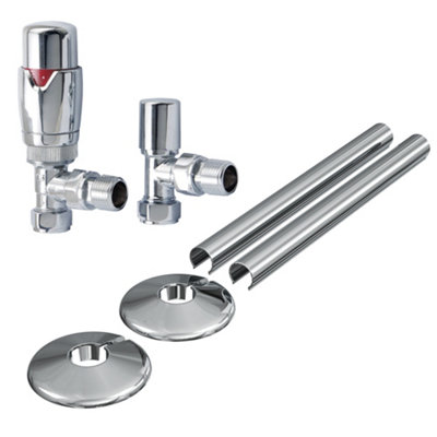 FNX Bathrooms Chrome Angled Thermostatic Radiator Valve & Lockshield Set With Pipe Covers & Collars15mm X 1/2" Bsp from B&Q