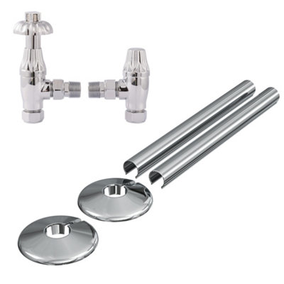 FNX Bathrooms Westminster Angled Thermostatic Radiator Valve Set 1/2" X 15mm Chrome With Pipe Covers & Collars from B&Q