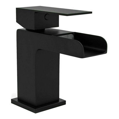 FNX Bathrooms Matt Black Square Waterfall Basin Mixer TapSolid Brass Deck Mounted from B&Q