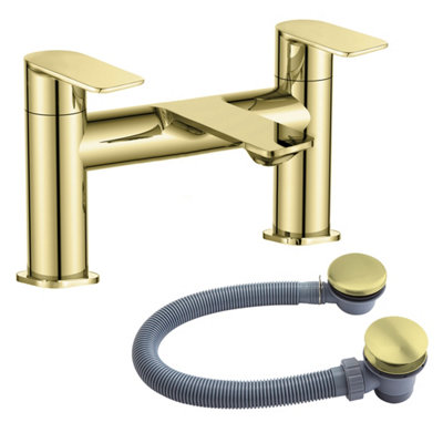 FNX Bathrooms Modern Brushed Brass Blade Bath Filler Mixer Tap With Bath WasteBath Mounted from B&Q