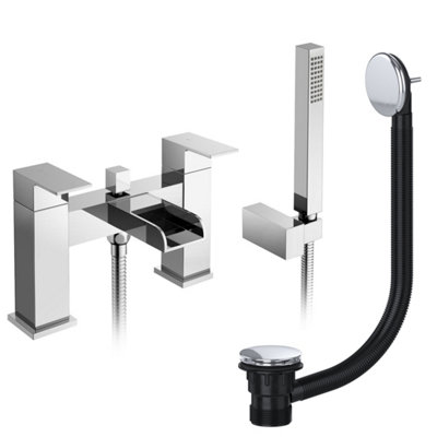 FNX Bathrooms Chrome Square Waterfall Bath Shower Mixer Tap Open Spout With Chrome Bath WasteBath Mounted from B&Q