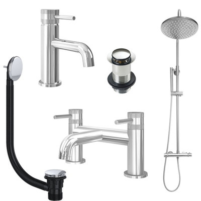 FNX Bathrooms Chrome Basin Mixer TapBath Filler And Rigid Riser Shower With Unslotted Basin And Bath Waste from B&Q