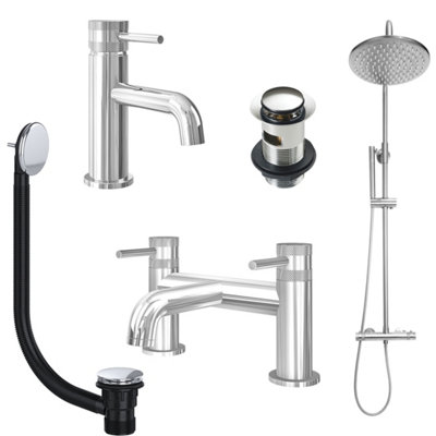 FNX Bathrooms Chrome Basin Mixer TapBath Filler And Rigid Riser Shower With Slotted Basin And Bath Waste from B&Q