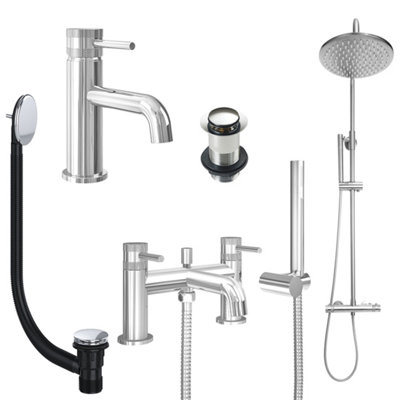 FNX Bathrooms Chrome Basin Mixer TapBath Shower Mixer And Rigid Riser Shower With Unslotted Basin And Bath Waste from B&Q