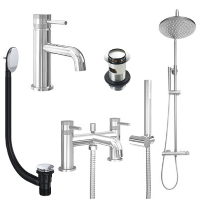 FNX Bathrooms Chrome Basin Mixer TapBath Shower Mixer And Rigid Riser Shower With Slotted Basin And Bath Waste from B&Q