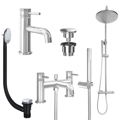 FNX Bathrooms Chrome Basin Mixer TapBath Shower Mixer And Rigid Riser Shower With Universal Basin And Bath Waste from B&Q
