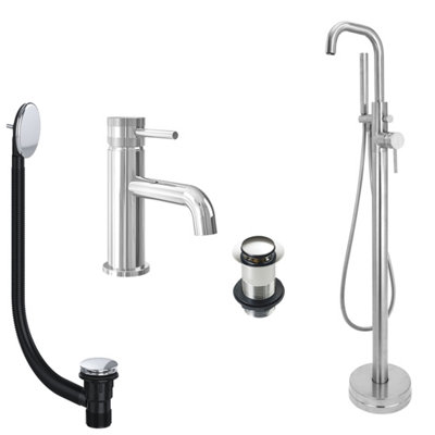 FNX Bathrooms Chrome Basin Mixer And Freestanding Bath Shower Mixer Tap With Handset And Unslotted Basin And Bath Waste from B&Q