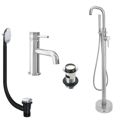 FNX Bathrooms Chrome Basin Mixer And Freestanding Bath Shower Mixer Tap With Handset And Slotted Basin And Bath Waste from B&Q