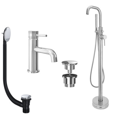 FNX Bathrooms Chrome Basin Mixer And Freestanding Bath Shower Mixer Tap With Handset And Universal Basin And Bath Waste from B&Q