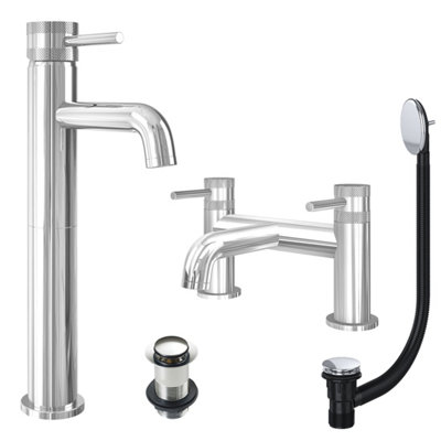 FNX Bathrooms Chrome Tall Basin Mixer Tap And Bath Filler With Unslotted Basin And Bath WasteDual Handle Options from B&Q