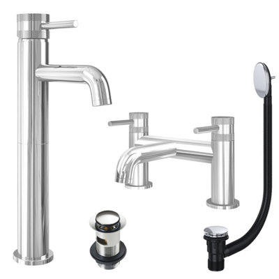 FNX Bathrooms Chrome Tall Basin Mixer Tap And Bath Filler With Slotted Basin And Bath WasteDual Handle Options from B&Q