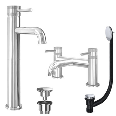 FNX Bathrooms Chrome Tall Basin Mixer Tap And Bath Filler With Universal Basin And Bath WasteDual Handle Options from B&Q
