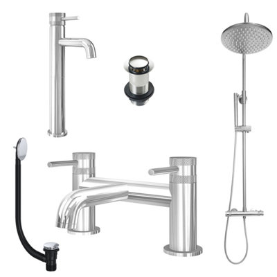 FNX Bathrooms Chrome Tall Basin Mixer TapBath Filler And Rigid Riser Shower With Unslotted Basin And Bath Waste from B&Q